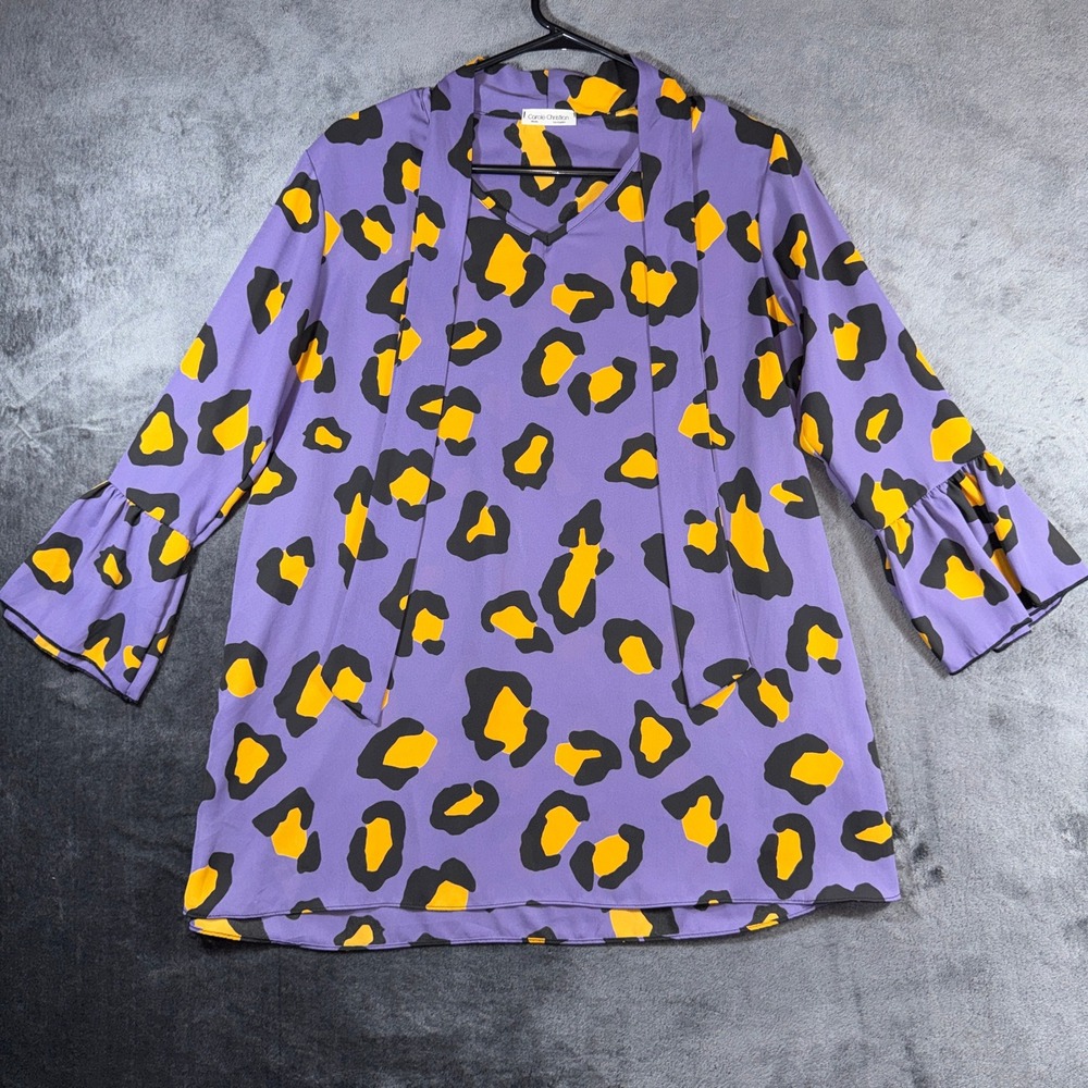 Carole Christian Purple Leopard Print Tie Neck Bell Sleeve Tunic Top Small USA